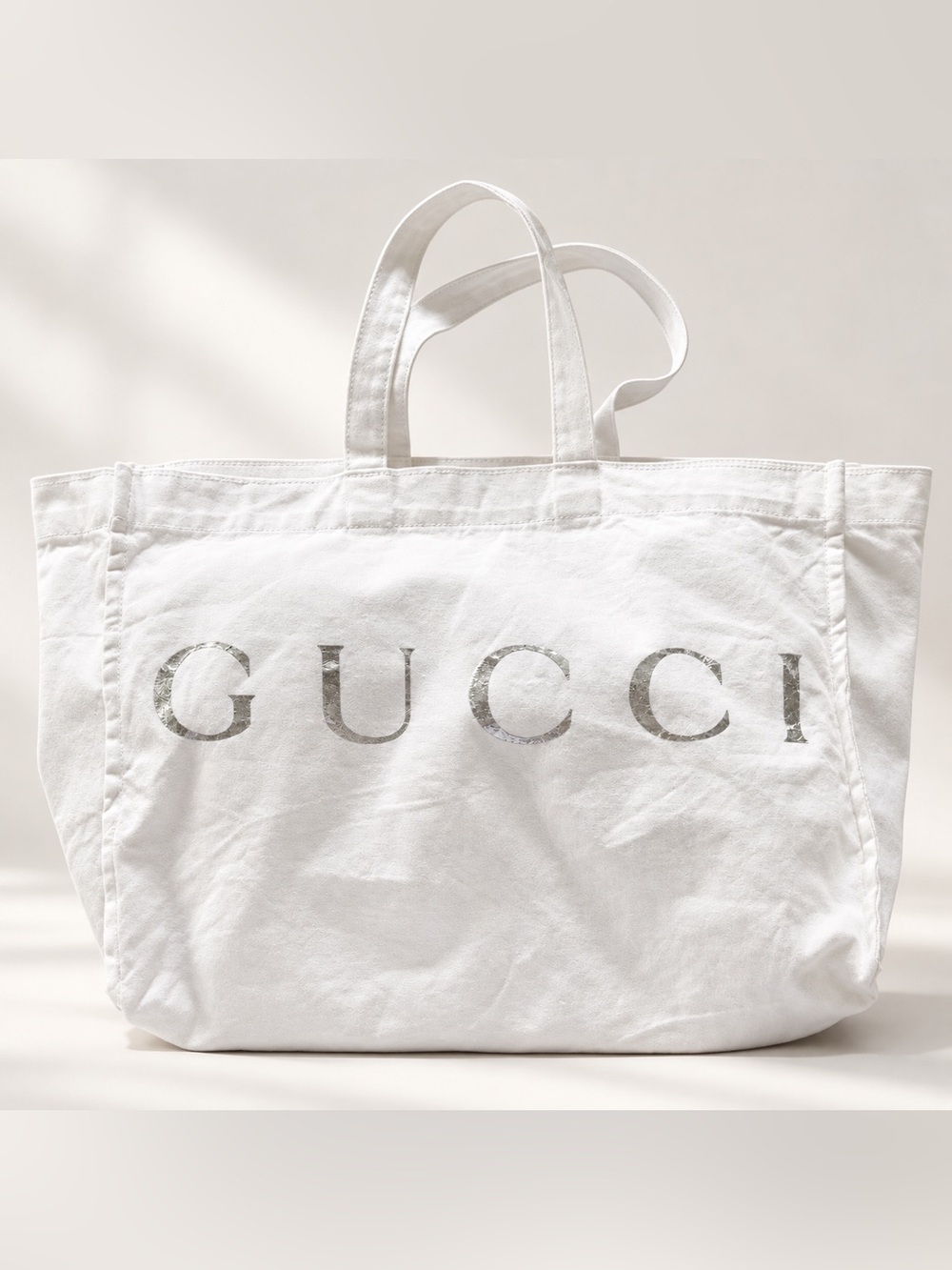 Gucci White Canvas Tote Bag Silver Metallic Logo